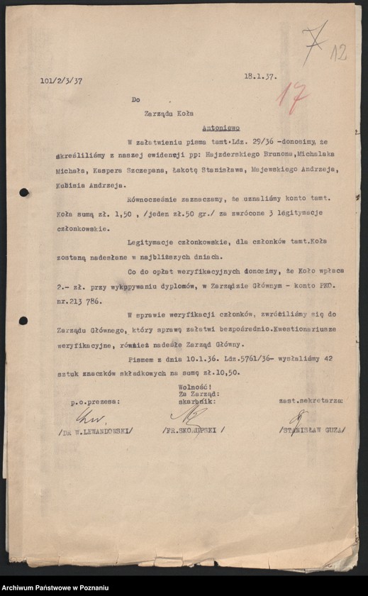 Obraz 15 z jednostki "Sprawozdania z działalności poszczególnych kół okręgu poznańskiego oraz korespondencja dotycząca tych zw. Składy osobowe zarządu."