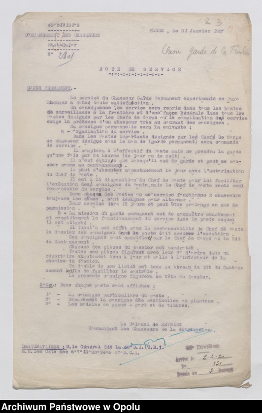 Obraz 5 z jednostki "/Korespondencja i zarządzenia dotyczące służby granicznej, wewnętrzno-administracyjnych kontroli ruchu ludności/ 31.01.- 23.05.1920"