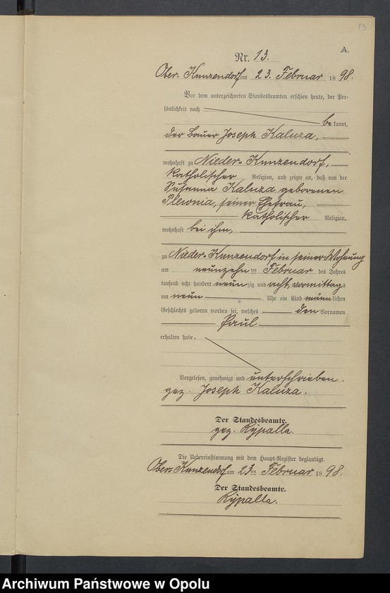 Obraz 17 z jednostki "Geburts-Neben-Register Standesamts Kunzendorf pro 1898"