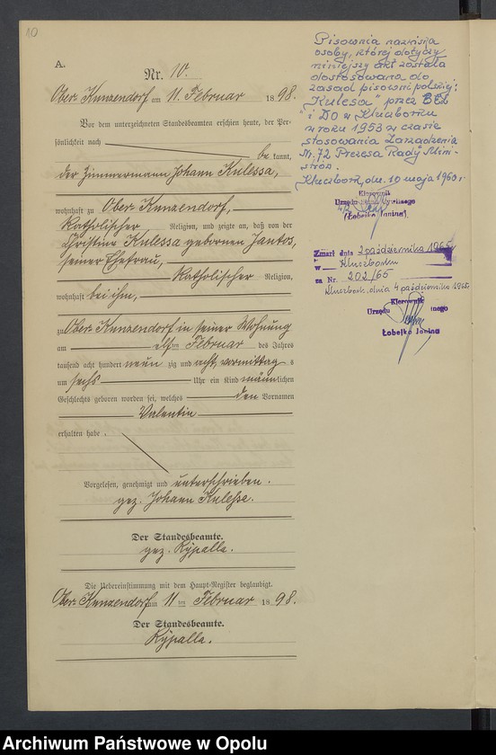 Obraz 14 z jednostki "Geburts-Neben-Register Standesamts Kunzendorf pro 1898"