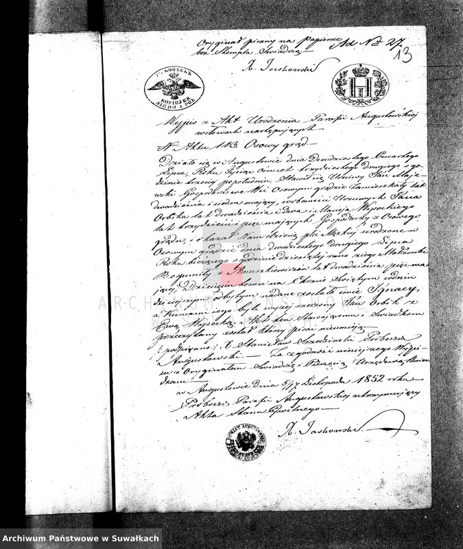 image.from.unit.number "[Dowody do akt małżeństw parafia rzym. - kat. Wigry] z roku 1852"