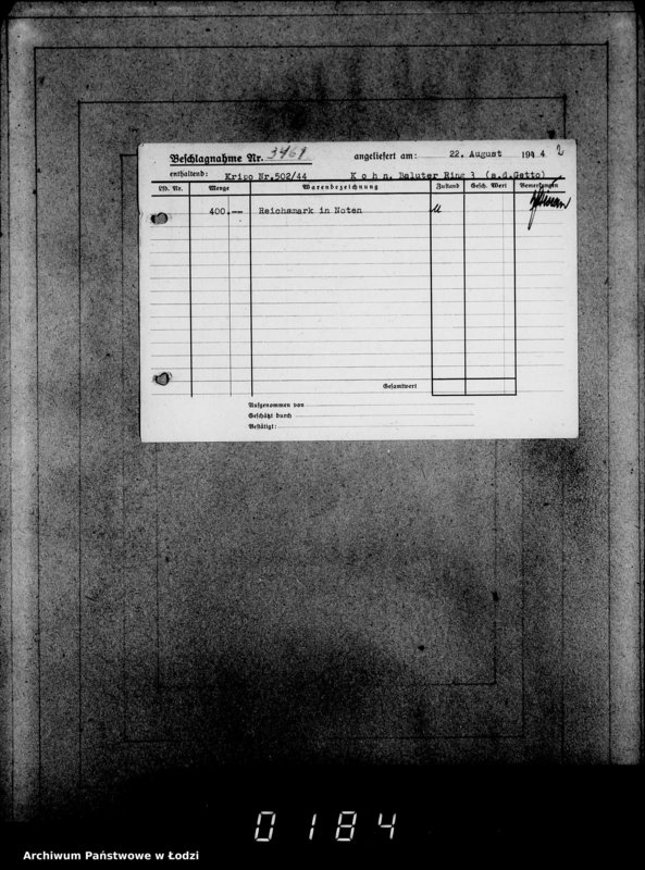 Obraz 6 z jednostki "Kripo 3201-33462 [Kartoteka skonfiskowanego majątku ruchomego u Żydów]"