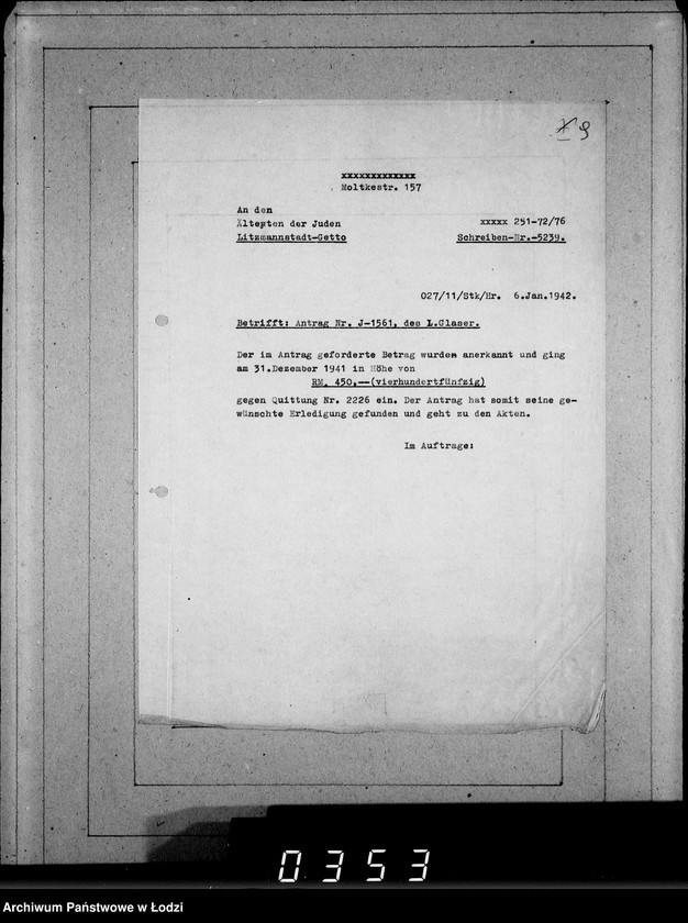 Obraz 13 z jednostki "J.1561-1580 [Wnioski Żydów z Getta o zwrot należności za towar wzięty na kredyt]"