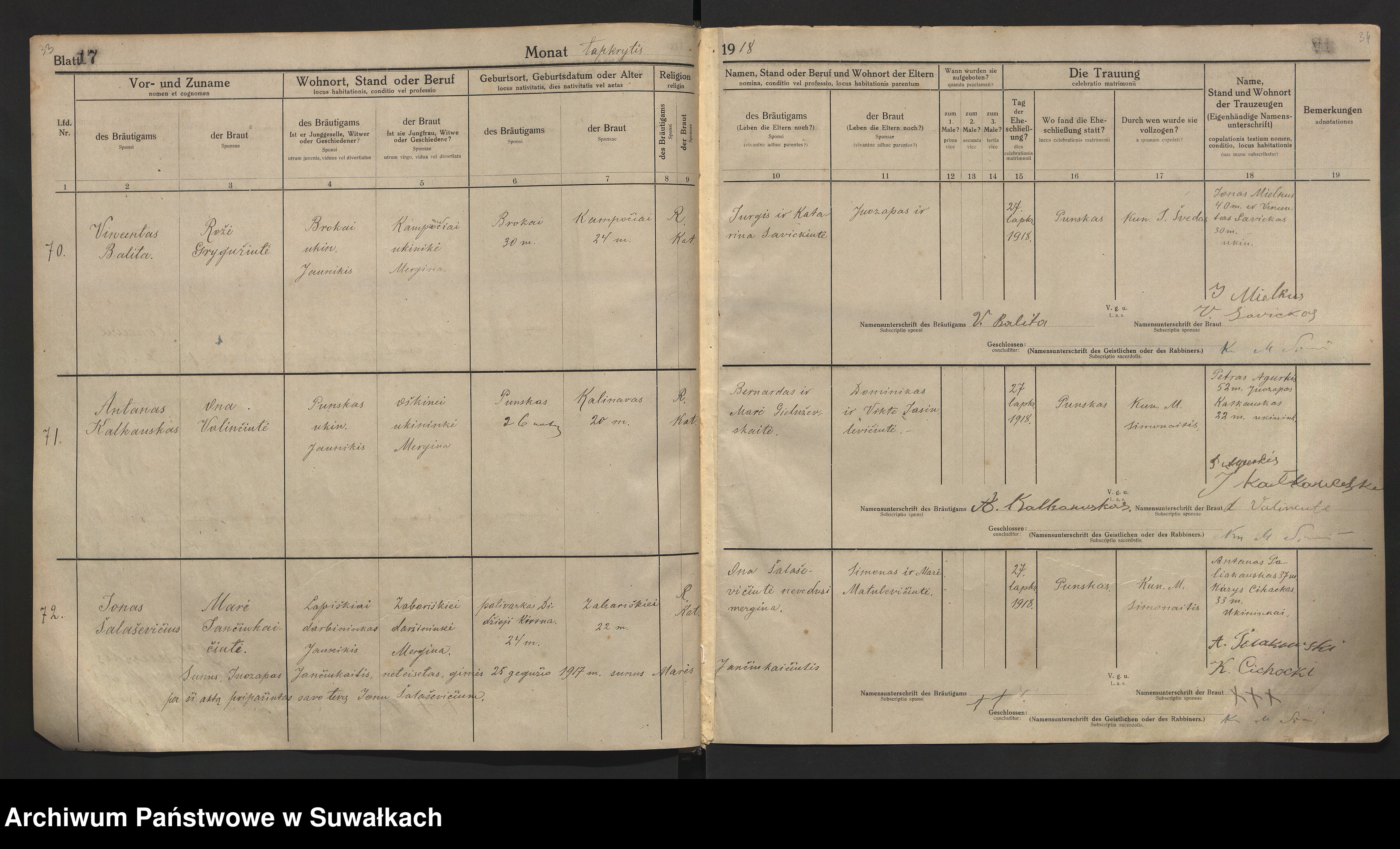 Skan z jednostki: [Księga akt małżeństw parafii rzymskokatolickiej w Puńsku z lat 1918-1921]