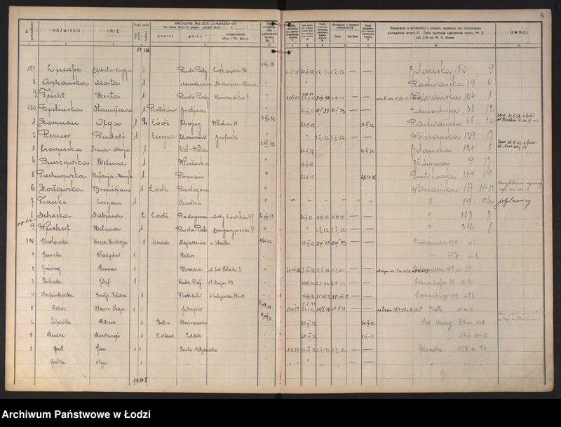 Obraz 11 z jednostki "Księga kontroli ruchu ludności (rejestr osób opuszczających gminę) Łódź, komisariat X, nr 1-624, nr 1-1443, nr 1-1453, 1-592"