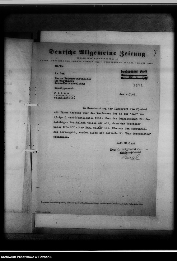 Obraz 11 z jednostki "Pressenotizen über das GSA [Korespondencja i wycinki prasowe o działalności, zadaniach i celach Gausippenamt w Poznaniu]"
