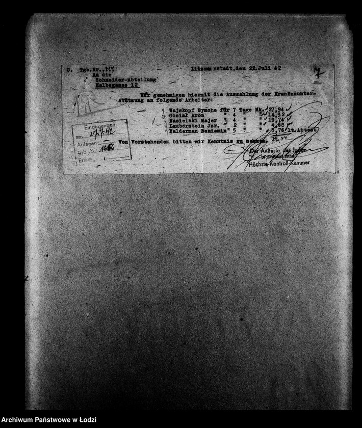 Obraz 10 z jednostki "Schneider-Abteilung, Halbegasse 12 [Zasiłki chorobowe dla pracowników wydziału, listy pracowników, zaświadczenia lekarskie]"