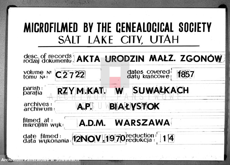 image.from.unit.number "Księga duplikat do zapisywania aktów urodzonych, zaślubionych i zmarłych parafii suwalskiej 1857 rok"