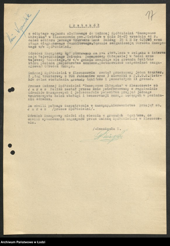 Obraz 18 z jednostki "Ośrodki Maszyn Rolniczych [- protokoły z kontroli i lustracji, wykazy kierowników Ośrodków]"