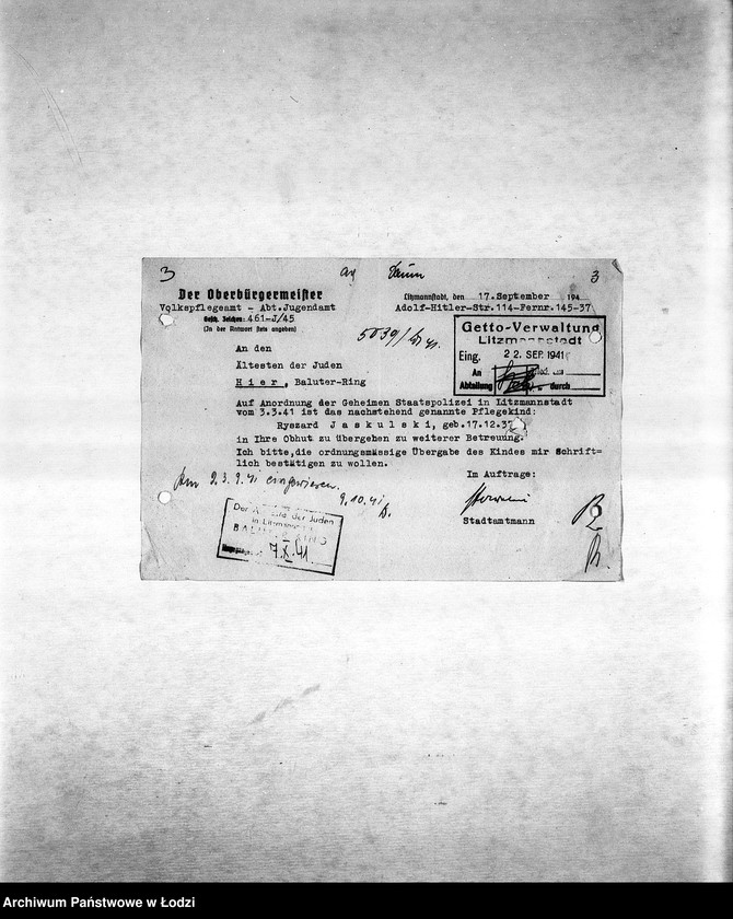 Obraz 6 z jednostki "[Korespondencja PSŻ w sprawie ruchu ludności getta, indywidualnych przesiedleń, przekazywania dzieci do getta itp.]"