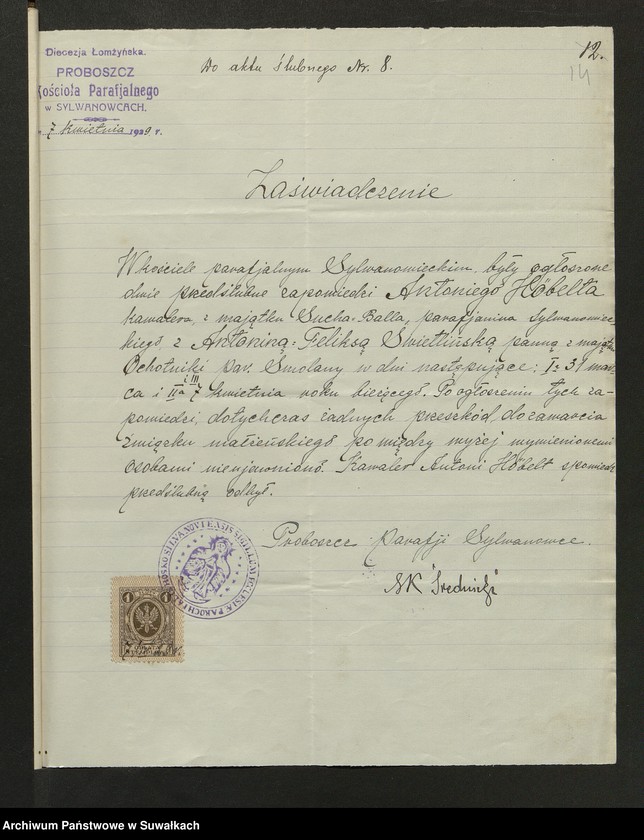 image.from.unit.number "Dokumenty Do aktów zaślubionych Smolańskiej R.K. Paraji za 1929 rok"