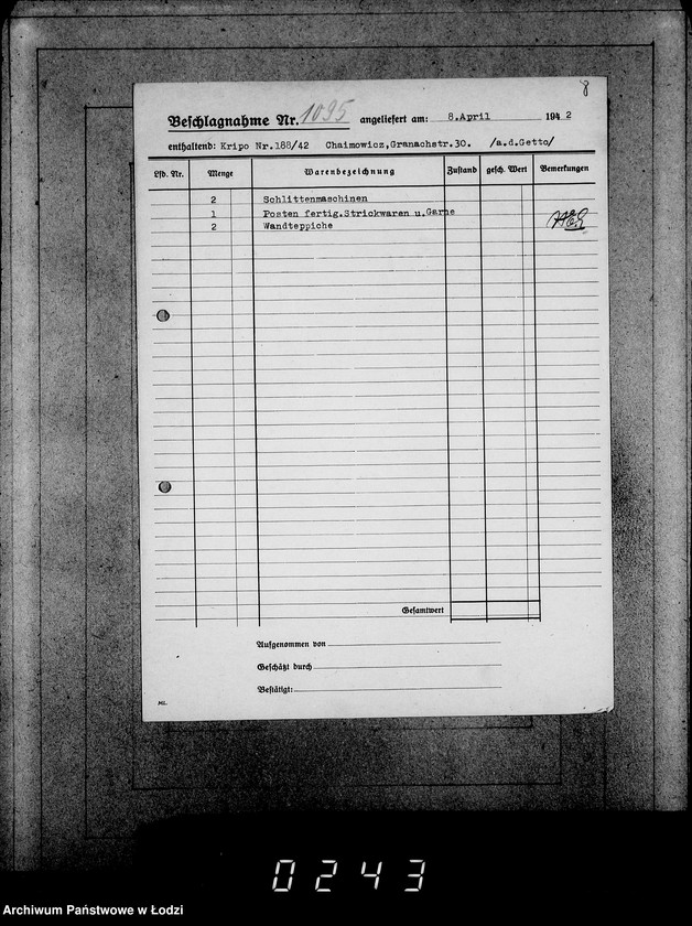 Obraz 12 z jednostki "Kripo 911-1100 [Kartoteka skonfiskowanego majątku ruchomego u Żydów]"
