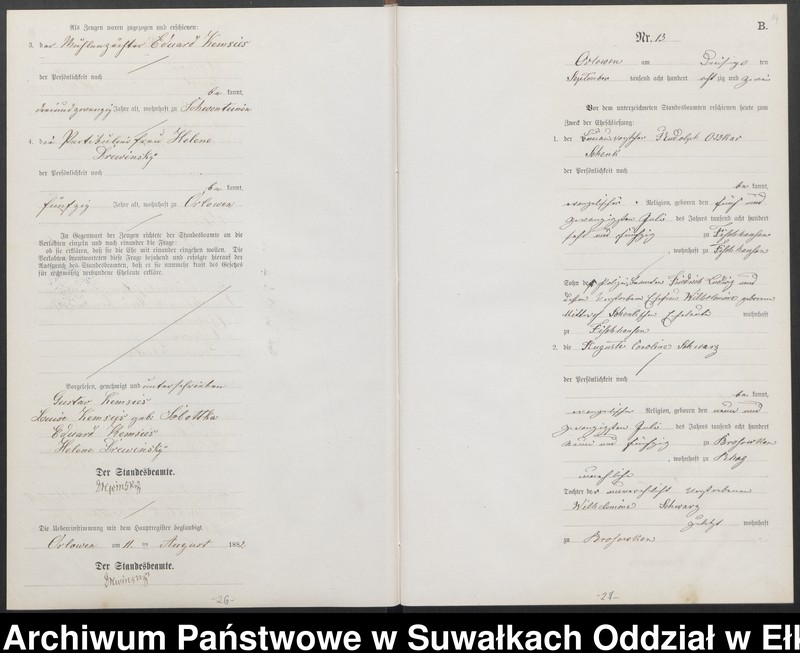 Obraz 17 z jednostki "Heiraths-Neben-Register des Preussischen Standes-Amtes [Orlowen] Kreis [Loetzen] für das Jahr 1882"