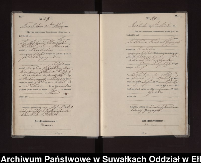 Obraz 20 z jednostki "Geburts-Haupt-Register des Königlichen Preussischen Standes-Amtes Stadt Nicolaiken Kreis Sensburg"