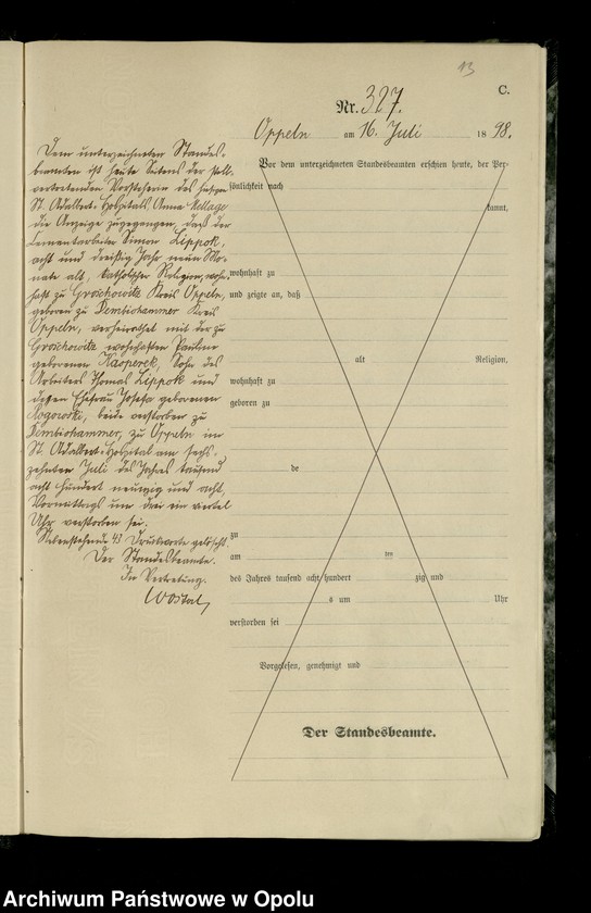 Obraz 16 z jednostki "Urząd Stanu Cywilnego w Opolu 1898 Rejestr zgonów Księga Miejscowa Nr 315 do 632"
