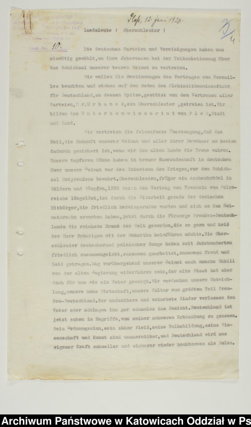 image.from.collection.number "Niemiecki Komisariat Plebiscytowy Podkomisariat w Pszczynie 1919-1921"