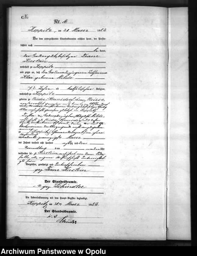 Obraz 19 z jednostki "Sterbe-Neben-Register Standesamts Koppitz pro 1883"