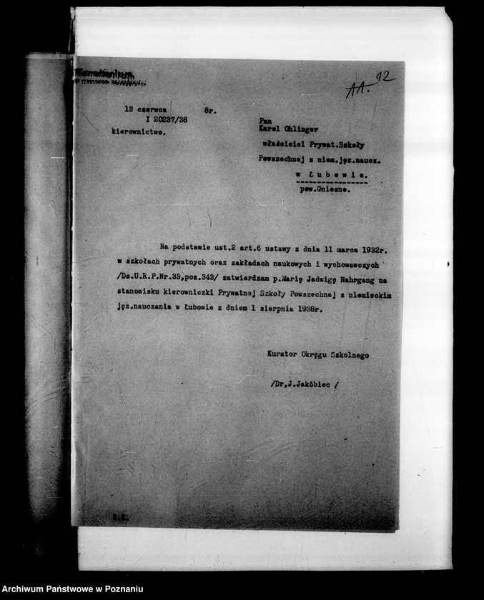 Obraz 15 z jednostki "Prywatna Szkoła Powszechna z niemieckim językiem nauczania w Łubowie powiat Gniezno"