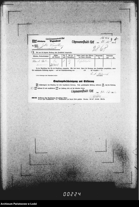 Obraz 13 z jednostki "Frachtbriefe [Kolejowe listy przewozowe różnych towarów do Getta w Łodzi]"