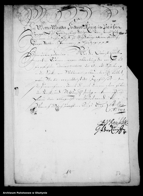image.from.unit.number "Abschrift des Rescripts an Albrecht X-oph Finckenstein, rechtzeitig mit Bericht im Streit um die Schönbergsche Amtsadministration einzukommen, da von Kalnein um ihre Übergabe an Schaken von Wittenau bittet"