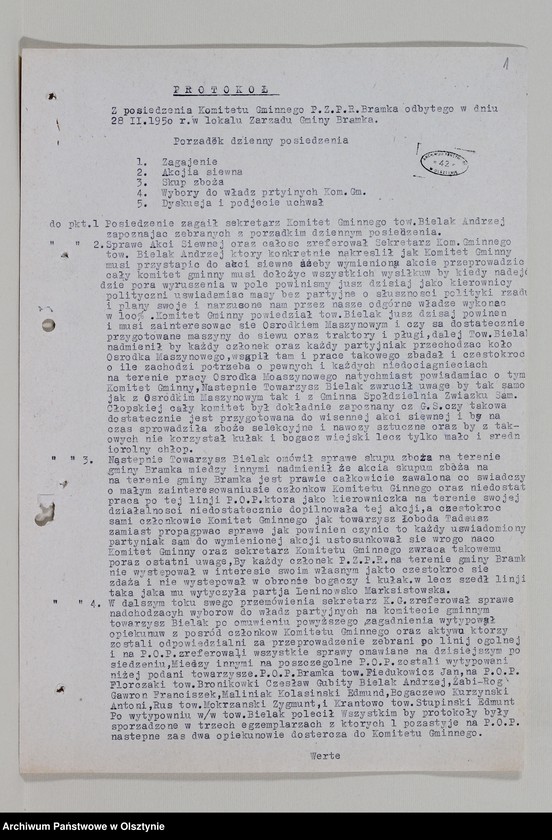 image.from.unit.number "Protokoły zebrań wyborczych /1950-1951/, posiedzeń plenarnych, egzekutywy, narad aktywu partyjnego, plany pracy, sprawozdania, ankiety sprawozdawcze /1949-1954/ Komitetu Gminnego PZPR"