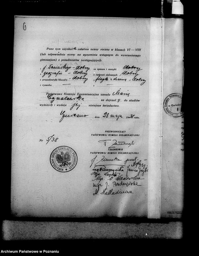 Obraz 10 z jednostki "Miejskie Gimnazjum Żeńskie imienia Błogosławionej Jolanty- Gniezno- [w tym protokoły egzaminów dojrzałości i świadectwa dojrzałości z 1938 roku]"