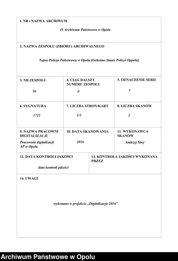 Obraz 1 z jednostki "[Gadzinski Marie z domu Mendricke, Oppeln]"