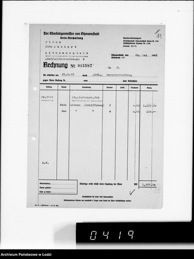 Obraz 15 z jednostki "Firma Otto Sabbert Litzmannstadt IV Warenverwertung an den Juden-Ältesten. Kinderhüte, Mützen"
