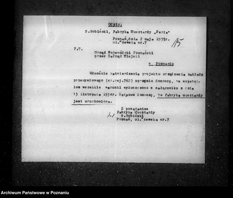 Obraz 20 z jednostki "Zatwierdzenie zakładu przemysłowego /Fabryki musztardy/ St. Robińskiego w Poznaniu"