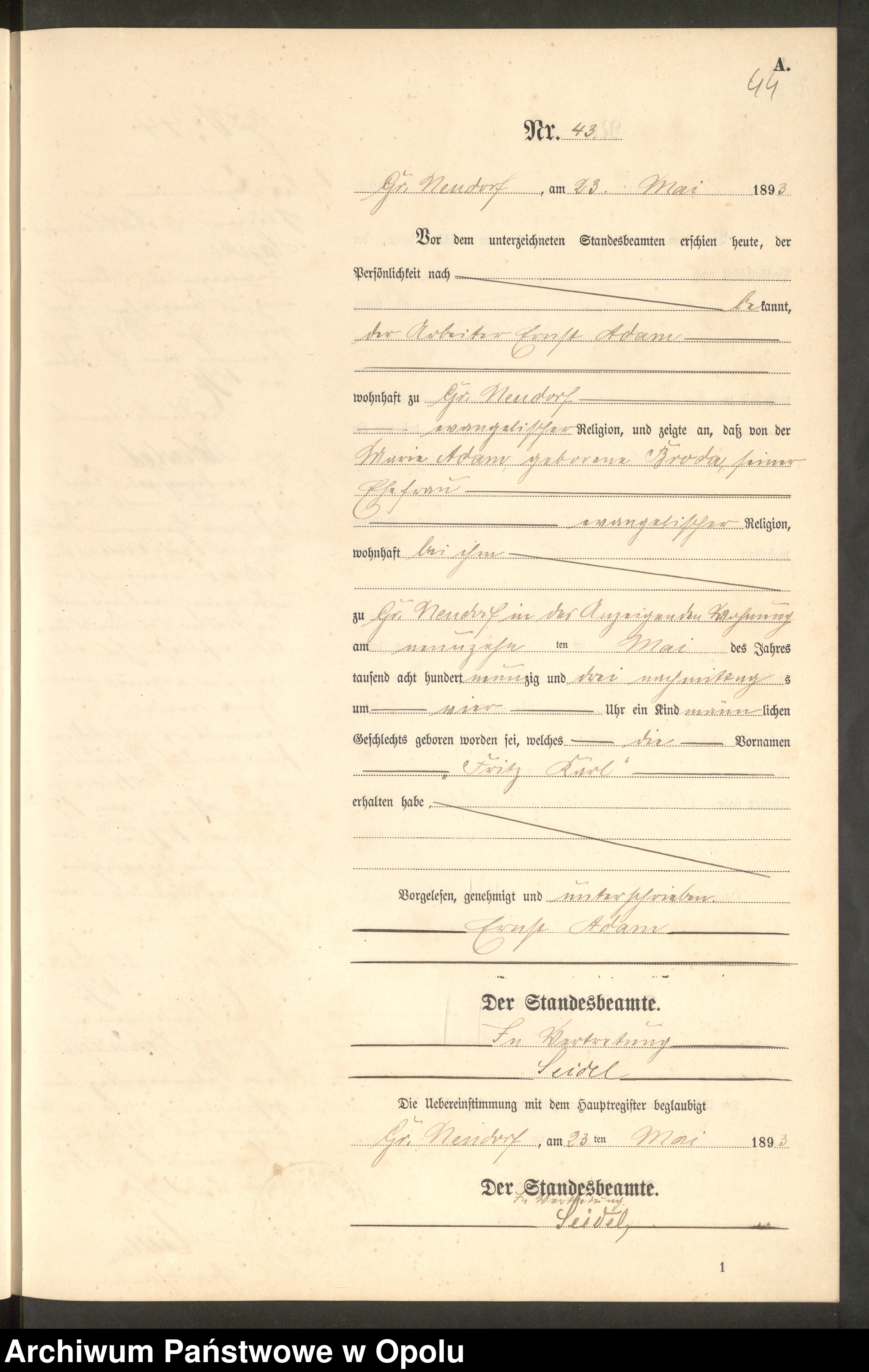 Skan z jednostki: Geburts-Neben-Register Standes-Amt Gross Neudorf 1893