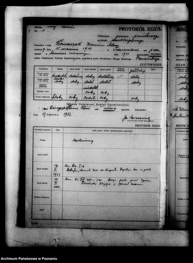 Obraz 4 z jednostki "Protokoły egzaminu dojrzałości Państwowego Gimnazjum Klasycznego- Trzemeszno"