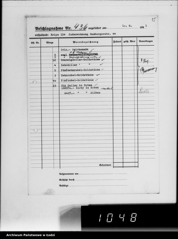 Obraz 20 z jednostki "Kripo.Unterlagen 200-450 [Kartoteka skonfiskowanego majątku ruchomego u Żydów]"