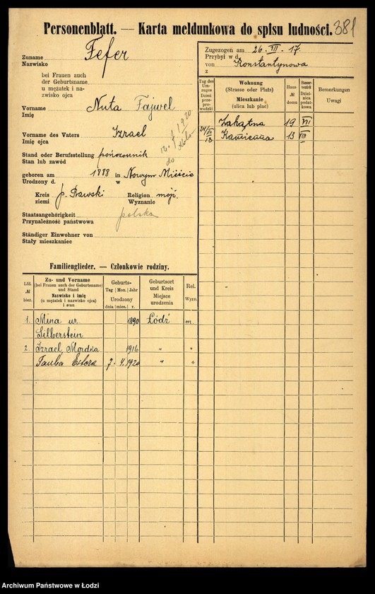 Obraz 14 z jednostki "[Spis ludności Łodzi] Fanelska - Fefer"