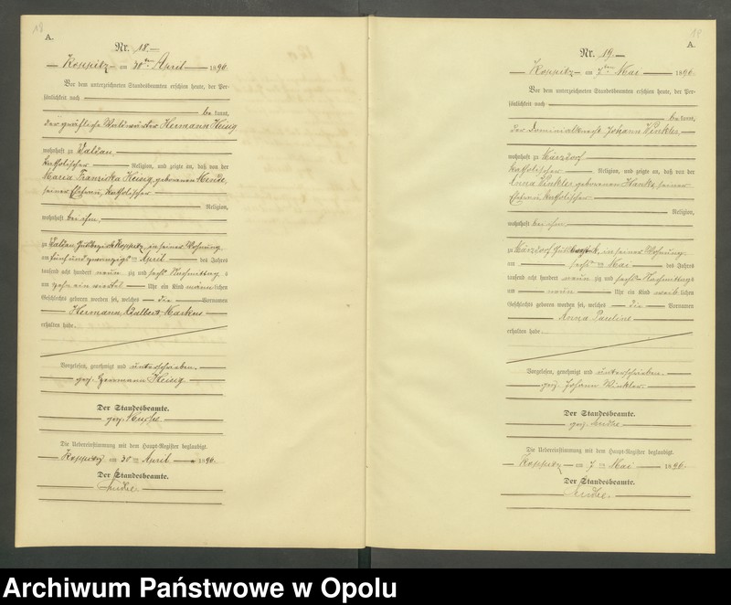 Obraz 12 z jednostki "Geburts-Neben-Register Standesamts Koppitz pro 1896"