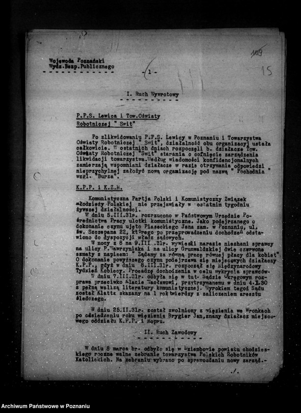 Obraz 19 z jednostki "Sprawozdania sytuacyjne tygodniowe ze stanu bezpieczeństwa za czas od 27 lutego do 7 maja 1931 r. /nr 9-17/"