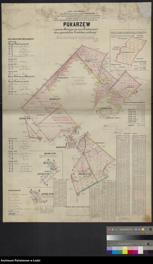 Obraz 1 z jednostki "Szkic pierworysu gruntów wydzielonych z majątku Pukarzew i oddanych w zamian za serwituty leśne i pastwiskowe oraz za zamianę gruntów na własność wsi Pukarzew w gminie Maluszyn"