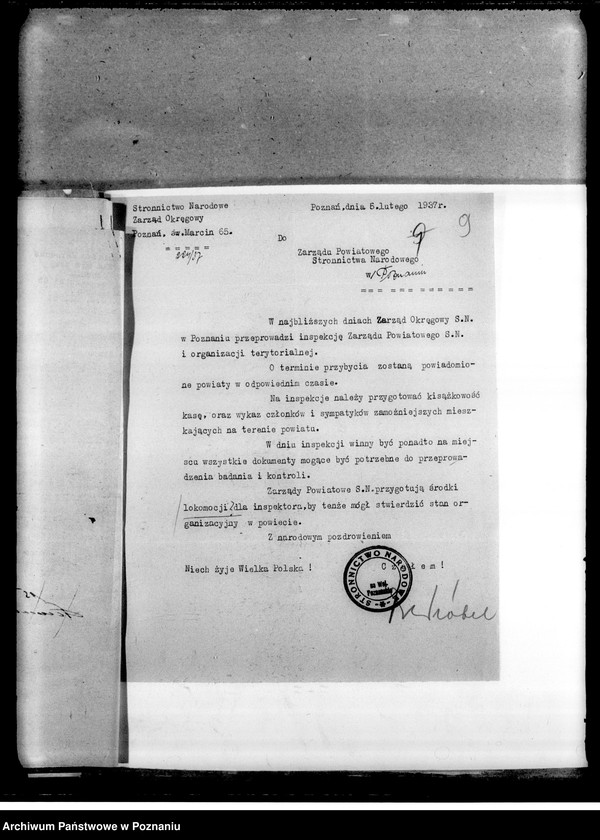 Obraz 13 z jednostki "Zarządzenia i okólniki. Korespondencja dotycząca spraw organizacyjnych i personalnych członków Stronnictwa - powiadomienia o odprawach, zebraniach, zmiany osobowe itp.."