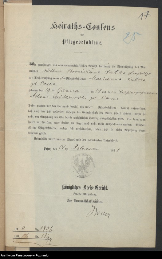 Obraz 18 z jednostki "Die von den Verlobten beigebrachten Urkunden zur Eheschliessung pro 1878"