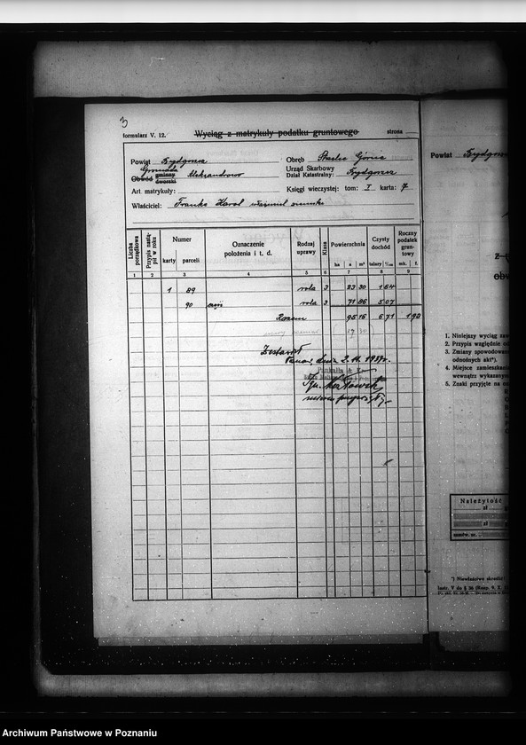 image.from.unit.number "Zestawienie parcel katastralnych i czystego dochodu obszaru wykupywanego do parcelacji majątku Strzelce Górna powiatu bydgoskiego"