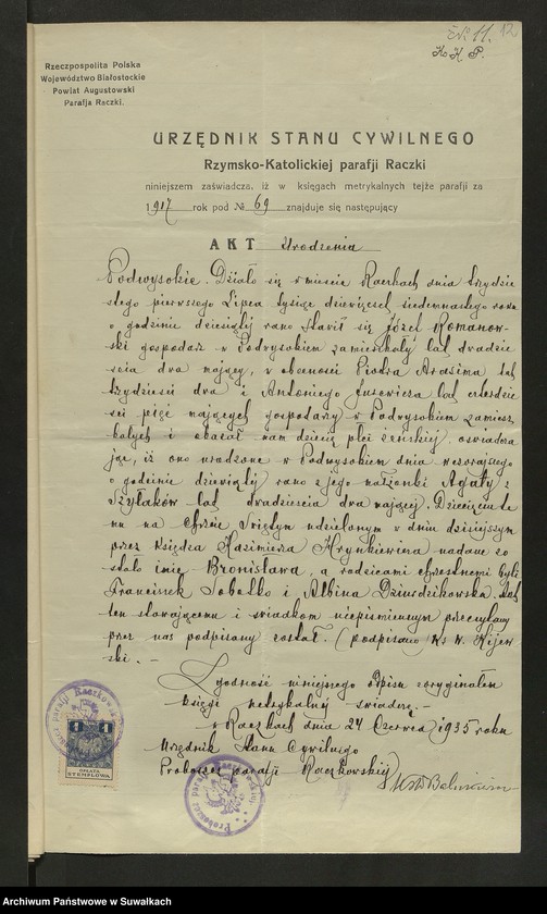 image.from.unit.number "Aneksa [do akt małżeństw] parafji Podżylińskiej za rok 1935"