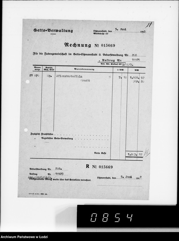 Obraz 15 z jednostki "Aufträge [Lieferscheinen und Rechnungen] 14370-14430 [Dostawy artykułów pierwszej potrzeby do Getta]"