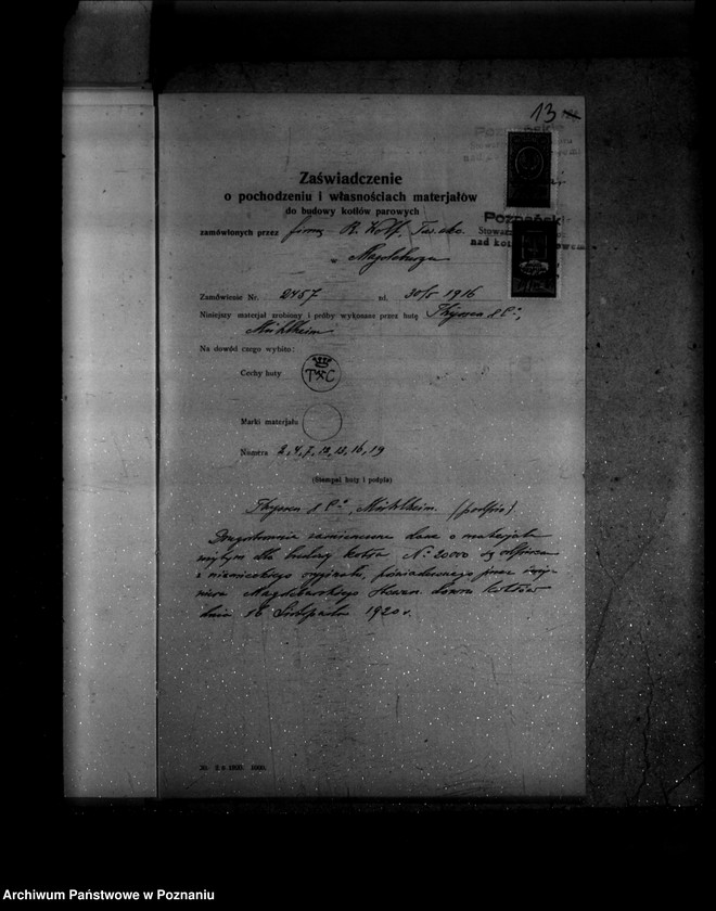 Obraz 17 z jednostki ""Huta miedzi" Towarzystwo Akcyjne Rudnicze powiat poznański nr porządkowy kotła 107"