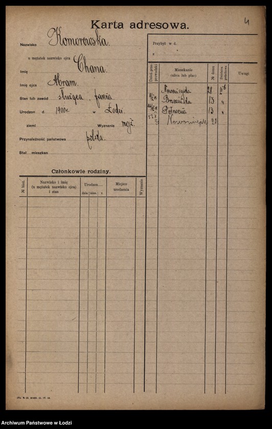 Obraz 6 z jednostki "[Spis ludności Łodzi] Komorowska - Kon"