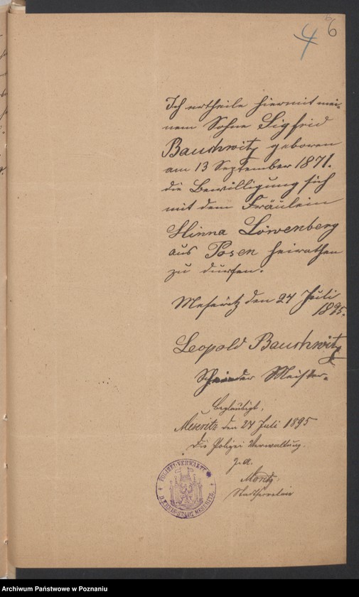 Obraz 9 z jednostki "Die von den Verlobten beigebrachten Urkunden zur Eheschliessung pro 1895"