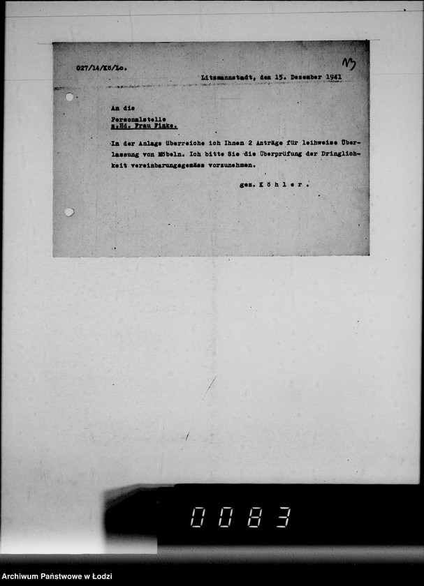 Obraz 17 z jednostki "[Zaświadczenia o zatrudnieniu i wykazy wydanych mebli biurowych dla oddziału osobowego]"