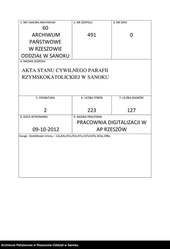 Obraz 1 z jednostki "Księga małżeństw dla miejscowości Sanok, Posada Olchowska, Posada Sanocka, Prusiek, Zahutyń, Bykowce, Dabrówka Polska, Dabrówka Ruska, Czerteż, Dolina, Stróże Wielkie, Olchowce"