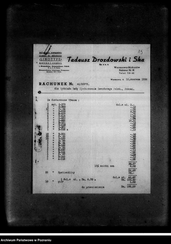 Obraz 17 z jednostki "Korespondencja z firmami: Tadeusz Drozdowski i Spółka z ograniczoną odpowiedzialnością oraz Dom Agentowo-Komisowy Adolf Neuding w sprawi maszyn i części linotypowych"