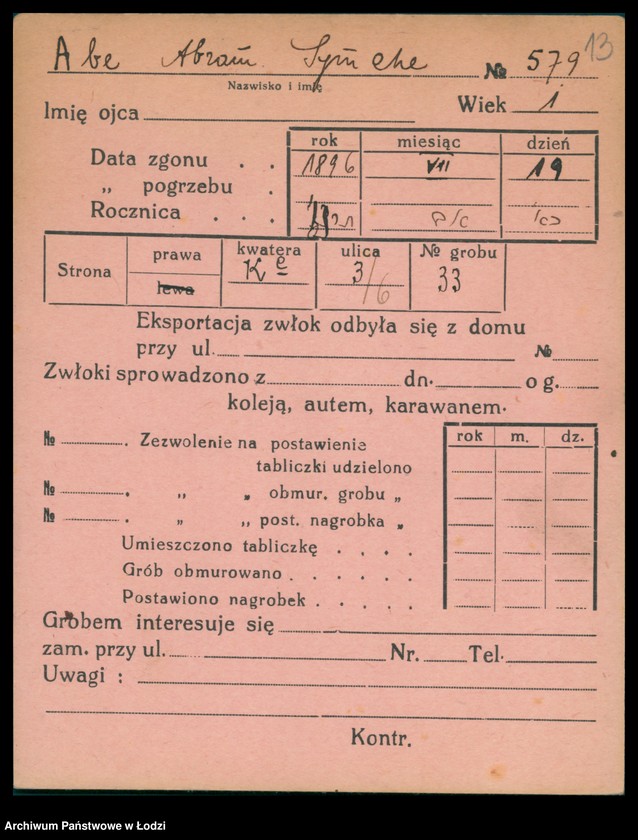 Obraz 14 z jednostki "Kartoteka osób pochowanych na cmentarzu żydowskim przy ulicy Brackiej w latach 1892-1959. Nazwiska na literę A"