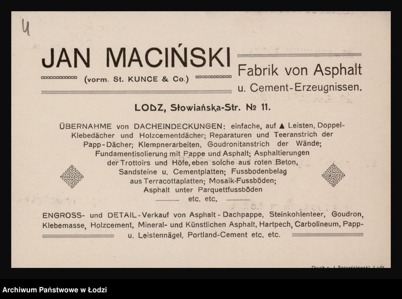 Obraz 6 z jednostki "Jan Maciński- fabryka asfaltu i przetworów ze smoły kamiennej oraz przedsiębiorstwo robót asfaltowych, dekarskich, betonowych i blacharskich"