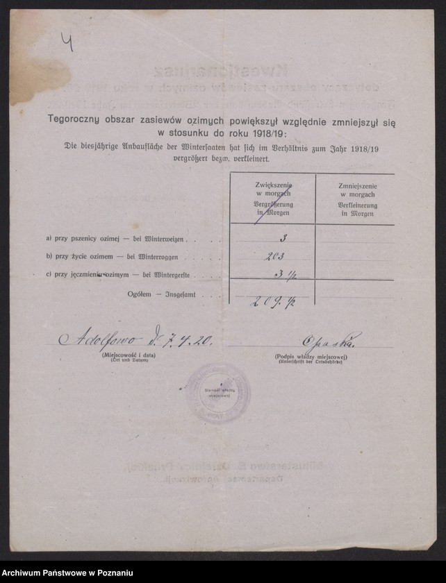 Obraz 6 z jednostki "[Kwestionariusz dotyczący zasiewów ozimych w roku 1919/1920 w powiecie babimojskim]"
